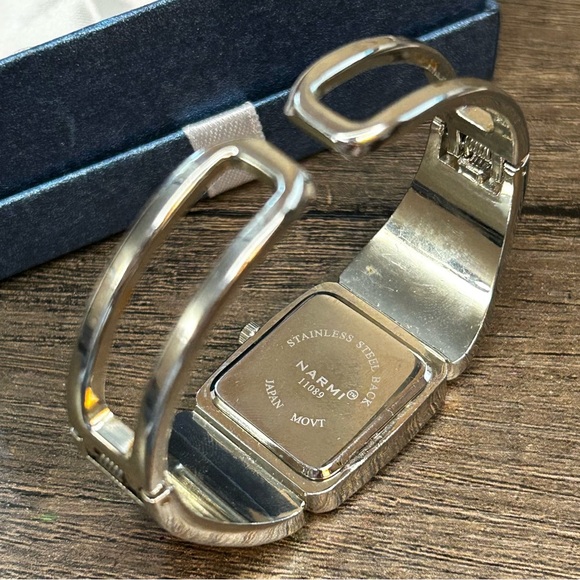 Narmi Stainless Steel Cuff Watch With Purple Leather Mother of Pearl Crystal - Picture 3 of 6